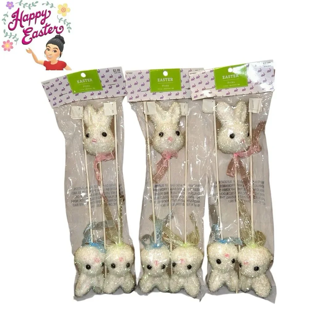 3x Easter Foam Glitter Decorated Easter Bunnies Picks. 3 Ct Each 10.5 Inches